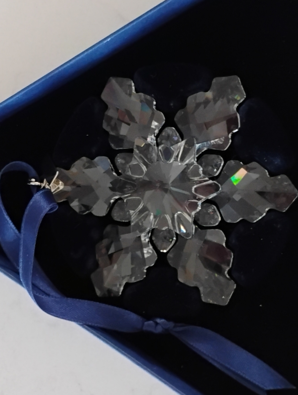 2008 Swarovski Crystal Snowflake Ornament with Blue Ribbon